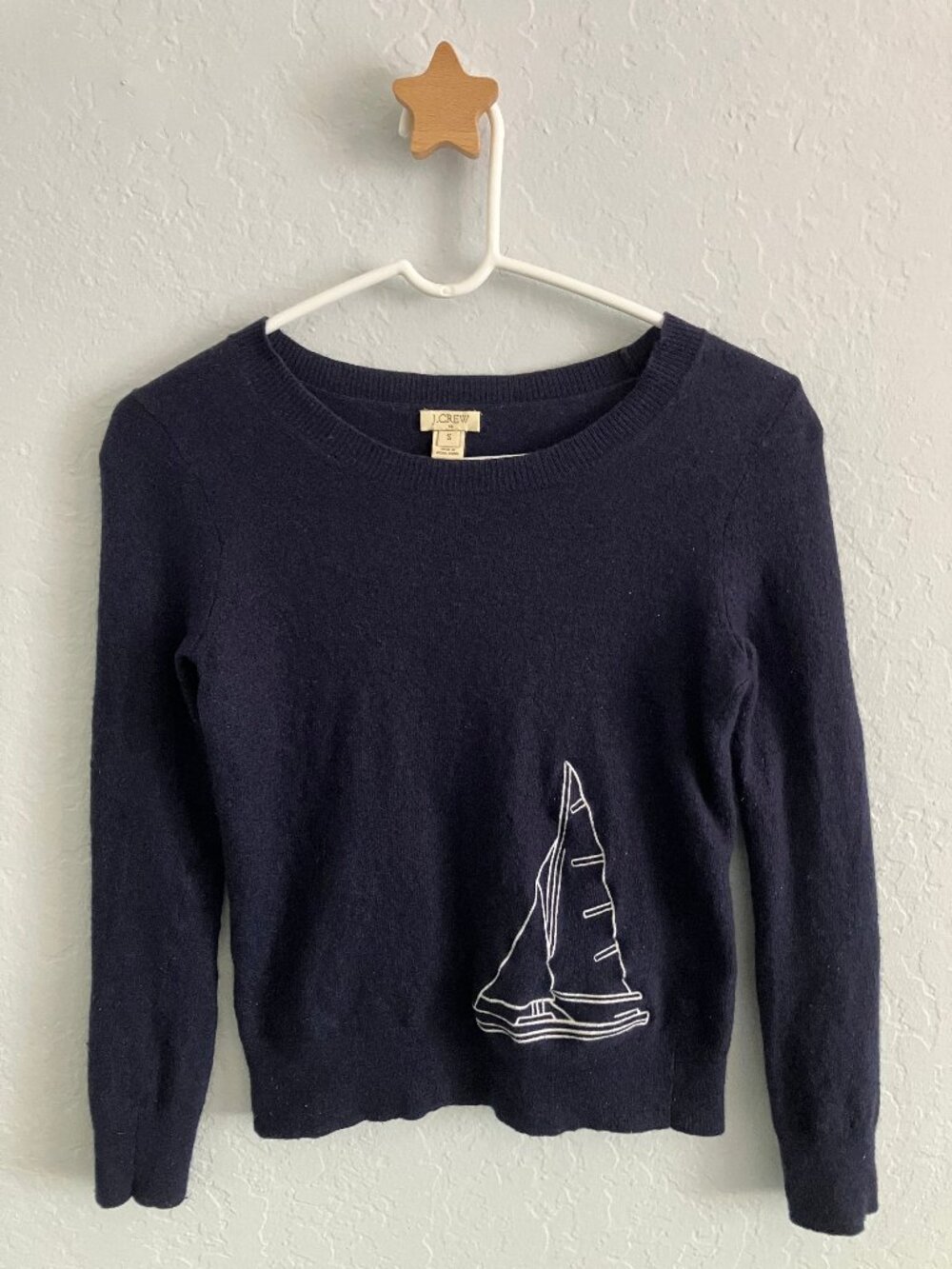 J. Crew Navy Sailboat Sweater | Preppy Nautical Pullover | Wool Blend | XS/S